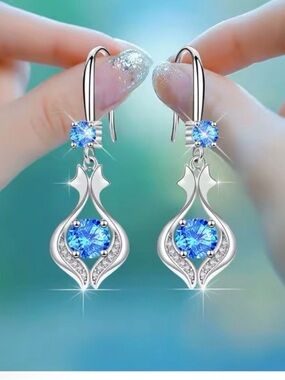 Sterling Silver Blue Crystal Drop Earrings - Elegant Women Jewelry